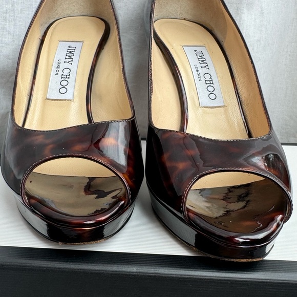 Jimmy Choo Tortoiseshell Patent Leather Peep Toe Heels - Picture 4 of 8